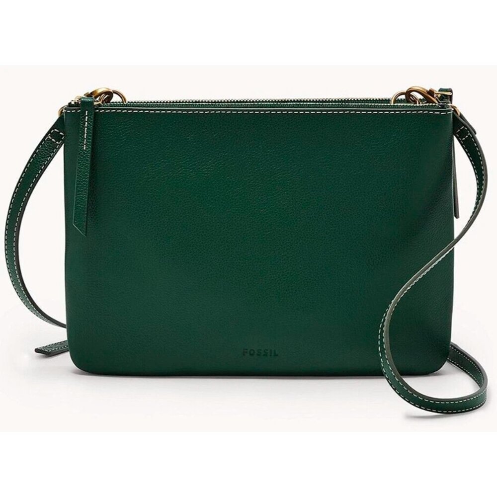 S Fossil Devon Double Zip Crossbody Dark Green Leather ZB1827298 NWT $140
